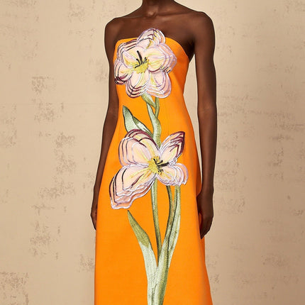 Samantha Orange Floral Embroidered Sequin Midi Dress