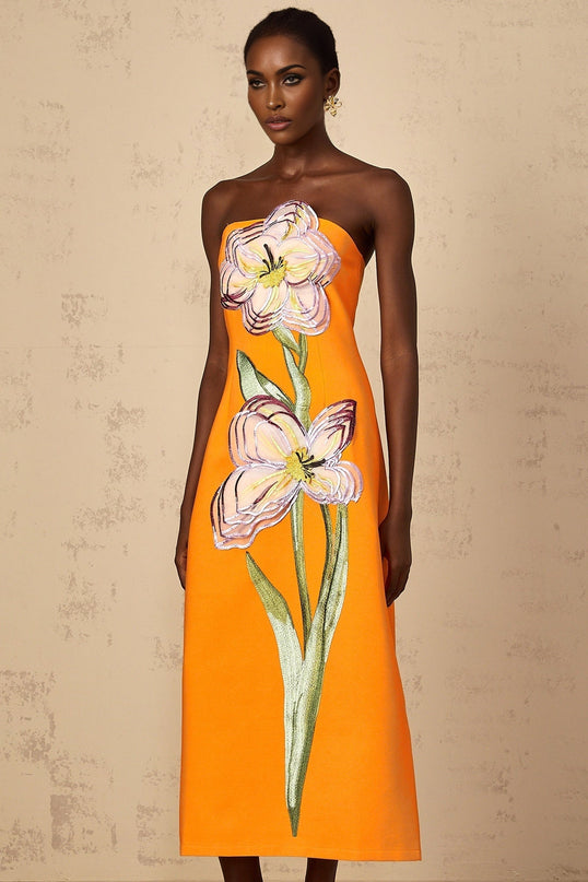 Samantha Orange Floral Embroidered Sequin Midi Dress