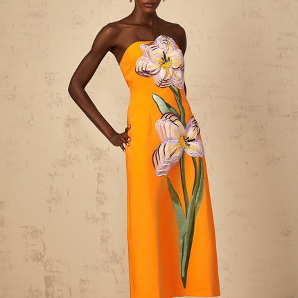 Samantha Orange Floral Embroidered Sequin Midi Dress