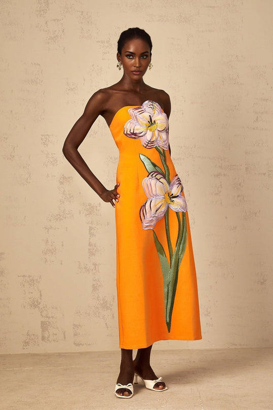 Samantha Orange Floral Embroidered Sequin Midi Dress