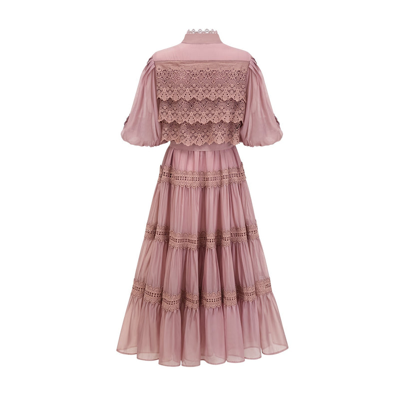Samantha Pink Lace Midi Dress with Puff Sleeves and Cut-Out Design