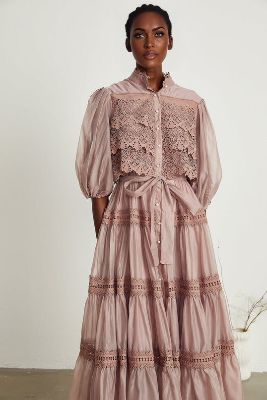 Samantha Pink Lace Midi Dress with Puff Sleeves and Cut-Out Design