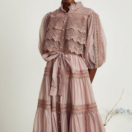 Samantha Pink Lace Midi Dress with Puff Sleeves and Cut-Out Design