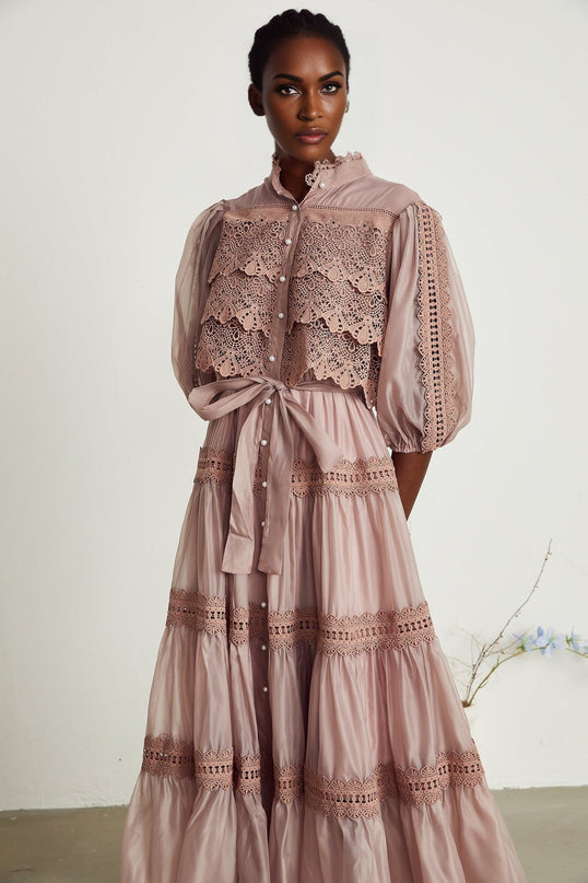 Samantha Pink Lace Midi Dress with Puff Sleeves and Cut-Out Design