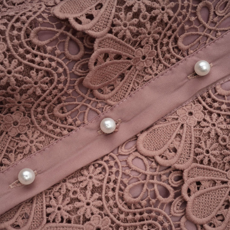 Samantha Pink Lace Midi Dress with Puff Sleeves and Cut-Out Design