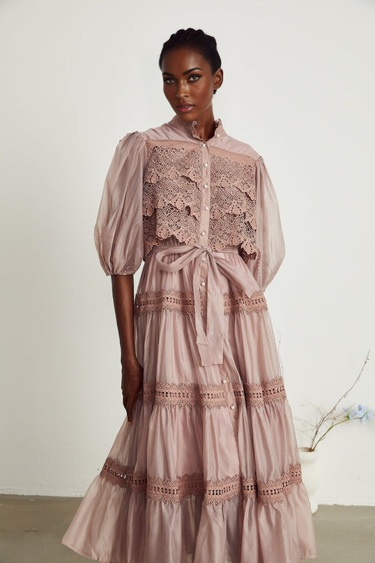 Samantha Pink Lace Midi Dress with Puff Sleeves and Cut-Out Design