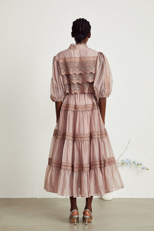 Samantha Pink Lace Midi Dress with Puff Sleeves and Cut-Out Design