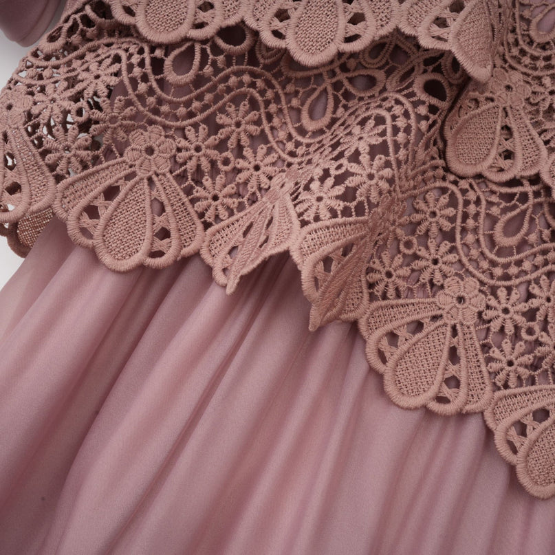 Samantha Pink Lace Midi Dress with Puff Sleeves and Cut-Out Design