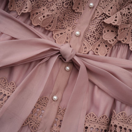 Samantha Pink Lace Midi Dress with Puff Sleeves and Cut-Out Design