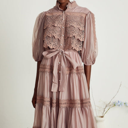 Samantha Pink Lace Midi Dress with Puff Sleeves and Cut-Out Design
