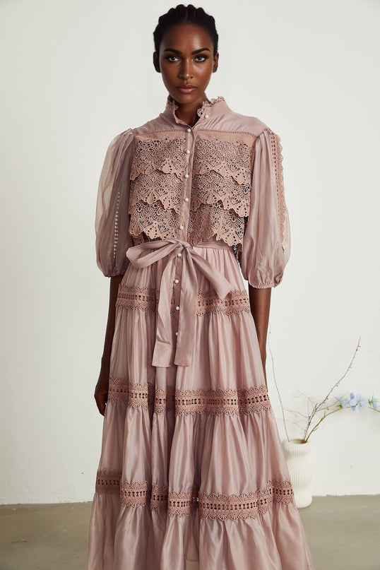 Samantha Pink Lace Midi Dress with Puff Sleeves and Cut-Out Design