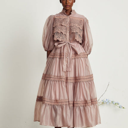 Samantha Pink Lace Midi Dress with Puff Sleeves and Cut-Out Design