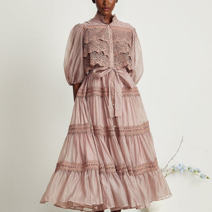 Samantha Pink Lace Midi Dress with Puff Sleeves and Belted Waist