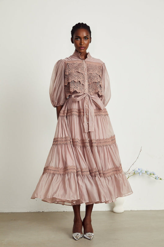 Samantha Pink Lace Midi Dress with Puff Sleeves and Belted Waist