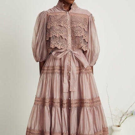 Samantha Pink Lace Midi Dress with Puff Sleeves and Cut-Out Design