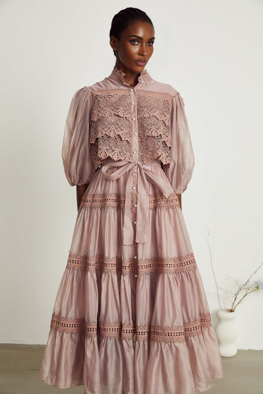Samantha Pink Lace Midi Dress with Puff Sleeves and Cut-Out Design