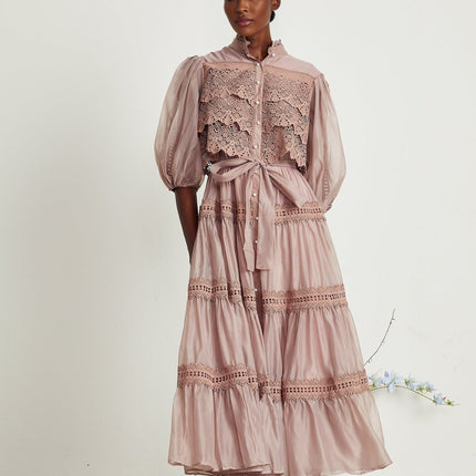 Samantha Pink Lace Puff Sleeve Midi Dress with Cut-out Design and Belted Waist