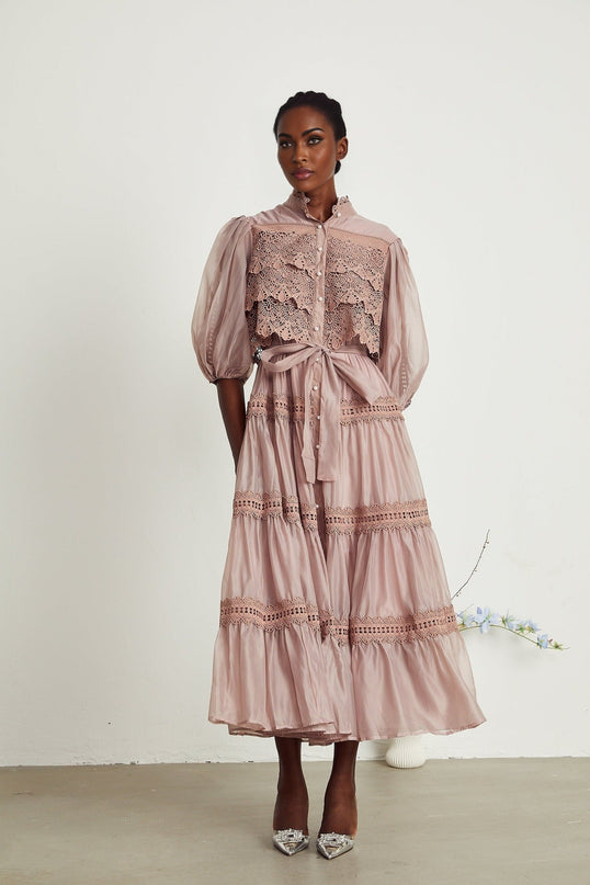 Samantha Pink Lace Puff Sleeve Midi Dress with Cut-out Design and Belted Waist
