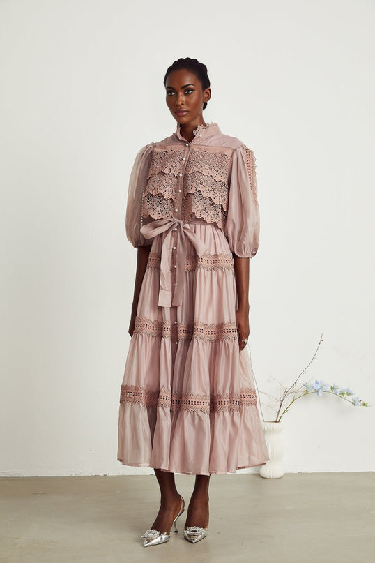Samantha Pink Lace Puff Sleeve Midi Dress