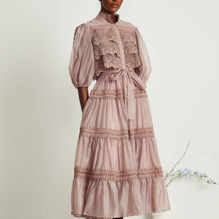 Samantha Pink Lace Puff Sleeve Midi Dress with Cut-Out Design and Belted Waist