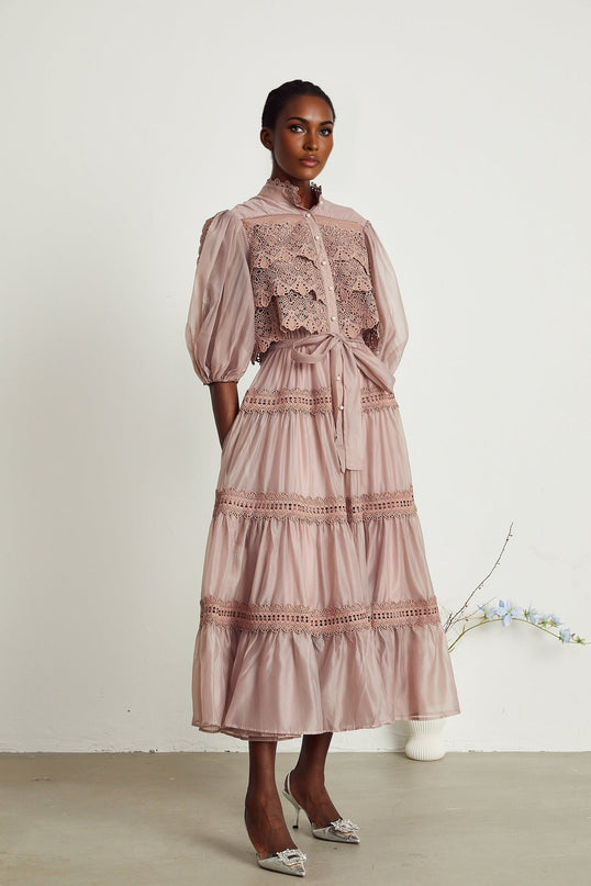 Samantha Pink Lace Puff Sleeve Midi Dress with Cut-Out Design and Belted Waist