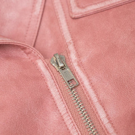 Samantha wearing Pink Vintage Leather Bomber Jacket