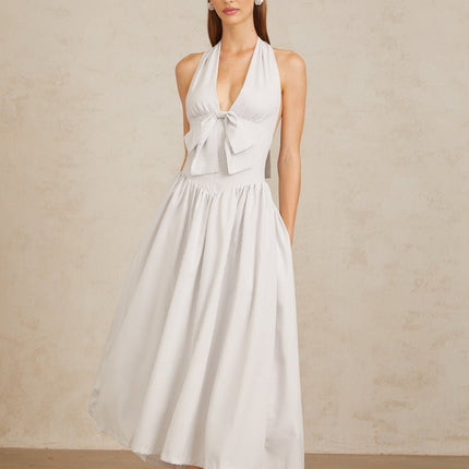 Samantha White Halterneck Midi Dress with Boned Bodice and Stripe Pattern