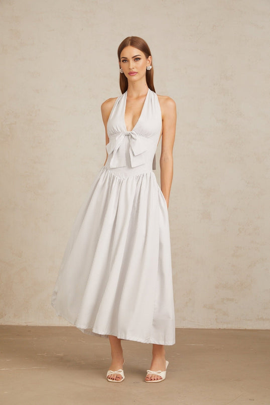 Samantha White Halterneck Midi Dress with Boned Bodice and Stripe Pattern