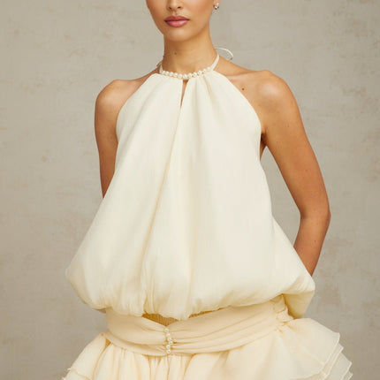 Samantha White Halterneck Mini Dress with Ruffled Detailing and Faux-Pearl Embellishments