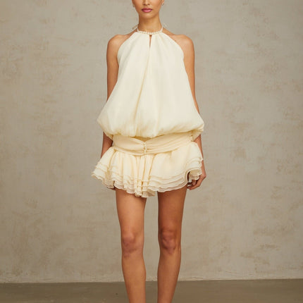 Samantha White Halterneck Mini Dress with Ruffled Detailing and Faux-Pearl Embellishments