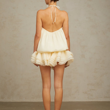 Samantha White Halterneck Mini Dress with Ruffled Detailing and Faux-Pearl Embellishments