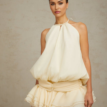 Samantha White Halterneck Mini Dress with Ruffled Detailing and Faux-Pearl Embellishments