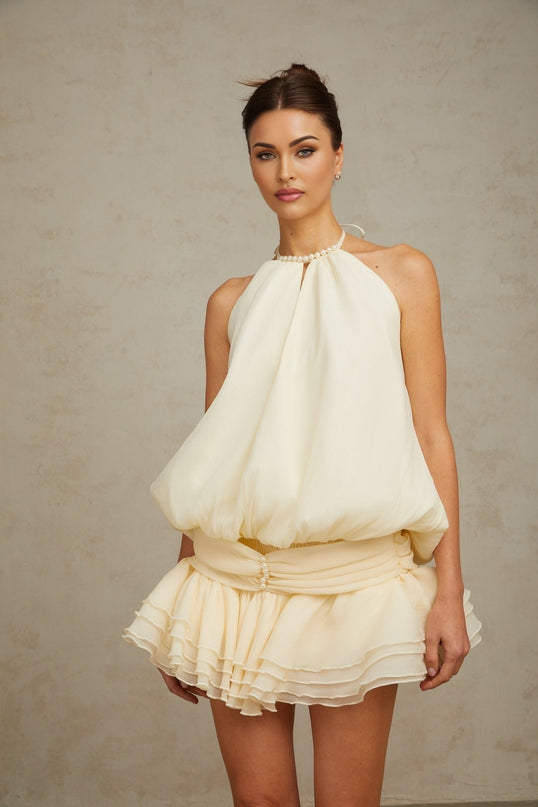 Samantha White Halterneck Mini Dress with Ruffled Detailing and Faux-Pearl Embellishments