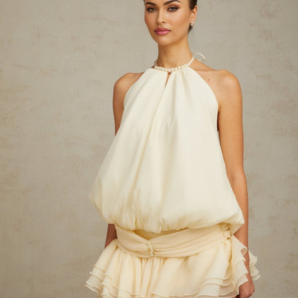 Samantha White Halterneck Mini Dress with Ruffled Detailing and Faux-Pearl Embellishments