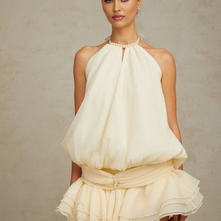 Samantha White Halterneck Mini Dress with Ruffles and Faux-Pearl Embellishments