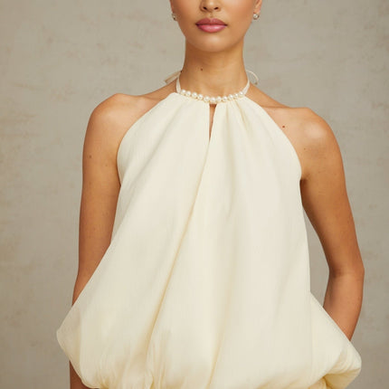 Samantha White Halterneck Mini Dress with Ruffled Detailing and Faux-Pearl Embellishments