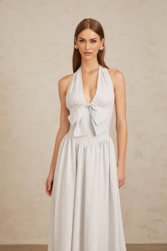 Samantha White Halterneck Stripe Bow Midi Dress