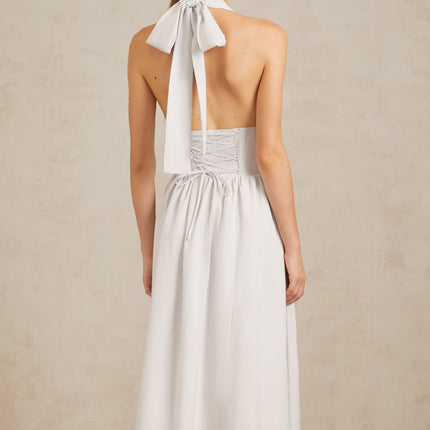 Samantha White Halterneck Stripe Midi Dress with Bow Detailing