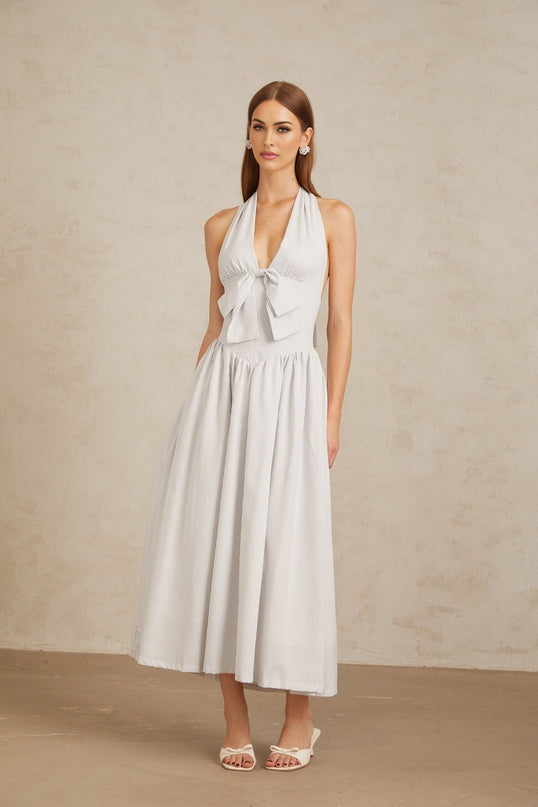 Samantha White Halterneck Stripe Midi Dress with Bow Detailing