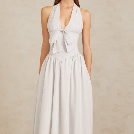 Samantha White Halterneck Stripe Midi Dress with Boned Bodice and Bow Detailing