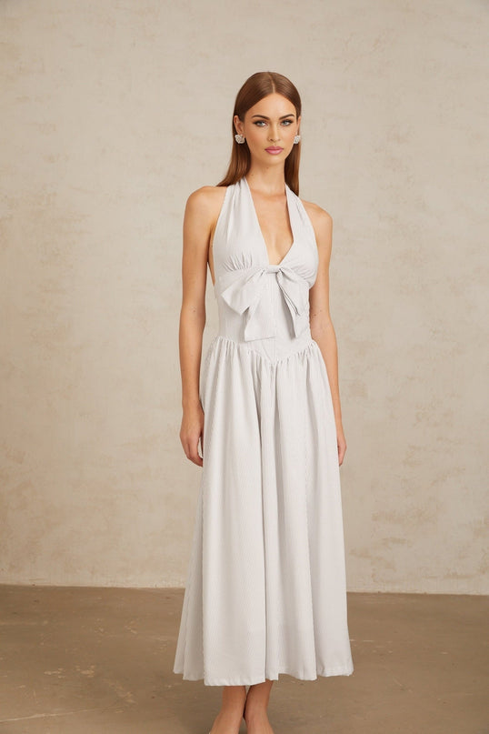 Samantha White Halterneck Stripe Midi Dress with Bow Detailing