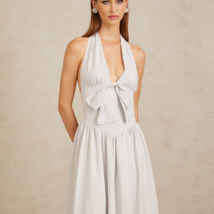 Samantha White Halterneck Midi Dress with Stripe Pattern and Bow Detailing