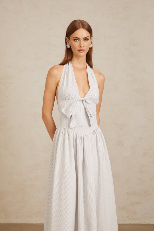 Samantha White Halterneck Midi Dress with Stripe Pattern and Bow Detailing