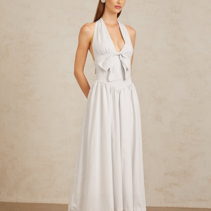 Samantha White Halterneck Midi Dress with Stripe Pattern and Bow Detailing