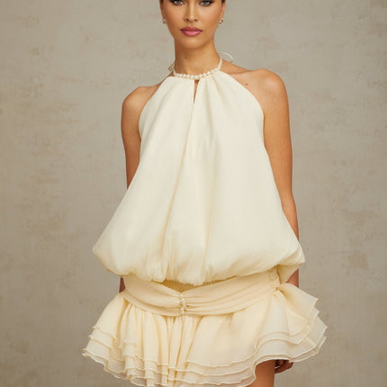 Samantha White Halterneck Mini Dress with Ruffled Detailing and Faux-Pearl Embellishments