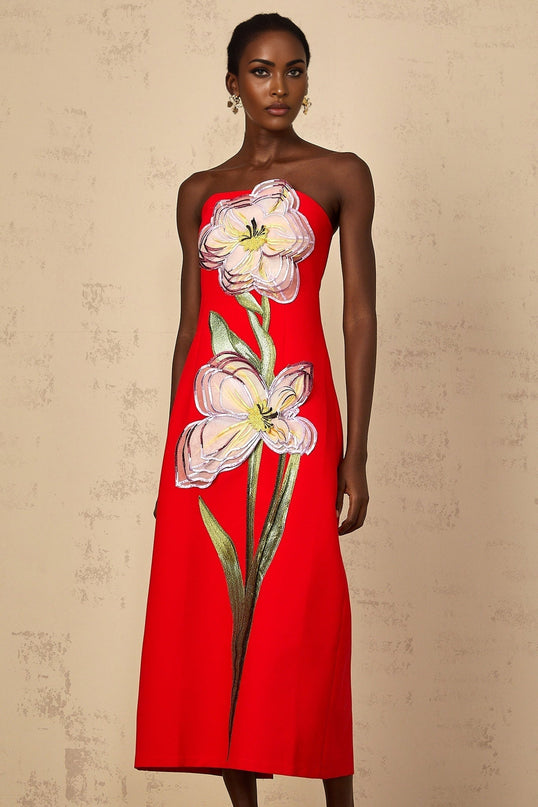 Samara Red Floral Embroidered Sequin Midi Dress