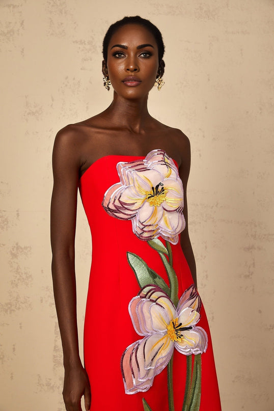 Samara Red Floral Embroidered Sequin Midi Dress