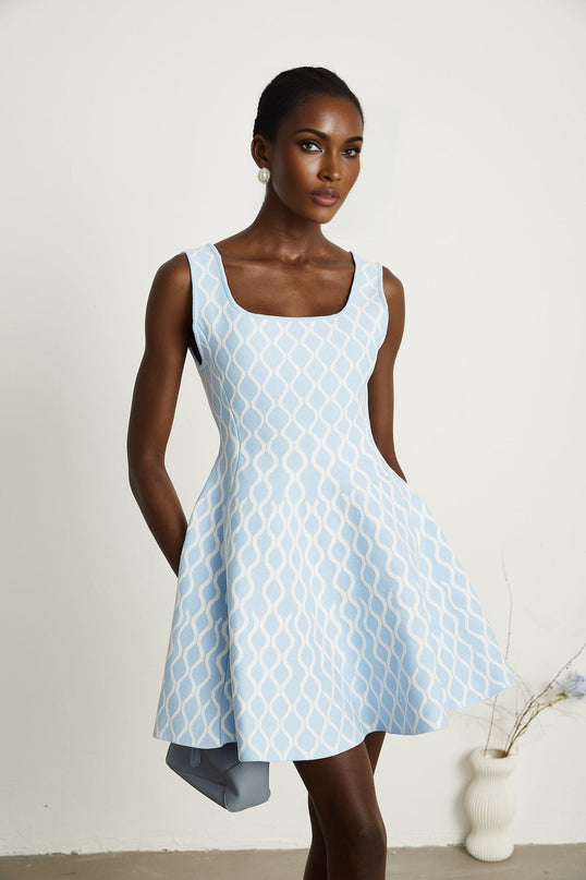 Sandra Blue and White Jacquard Mini Dress Sleeveless Flair