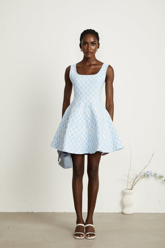 Sandra Mini Dress Sleeveless Flair Blue White Jacquard Wide Straps Fitted Waistline Flared Hem Polyester Polyamide Elastane