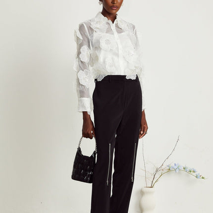 Sandra Crystal Embellished Sheer Shirt in White